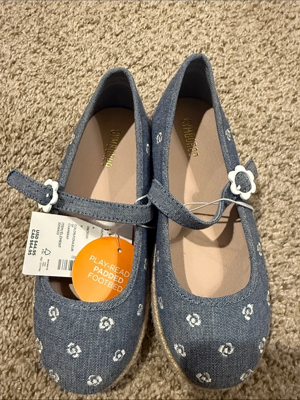 Gymboree Girls' Denim Blue Floral Mary Janes with Flower Buckles
